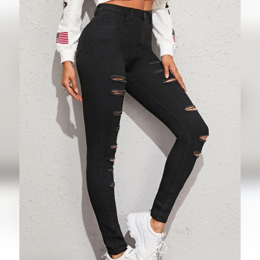 High Rise Stretch Ripped Skinny Jeans in Black Sz XS (2)